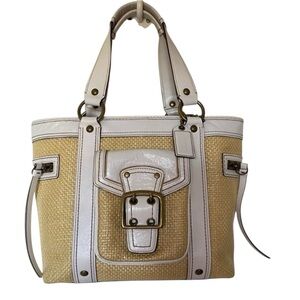 Coach White Leather Straw Top Handle Tote Satchel Purse